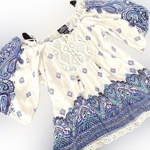 Cotton Peasant blouse cold shoulder with delf paisley wide trim